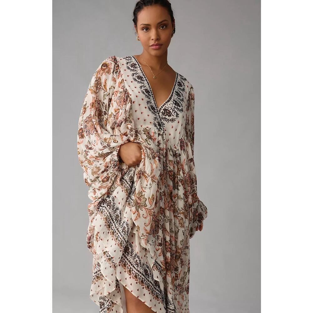 Anthropologie Boho Floral Maxi Dress Small Peasant Sleeves Tiered Viscose - Picture 3 of 9